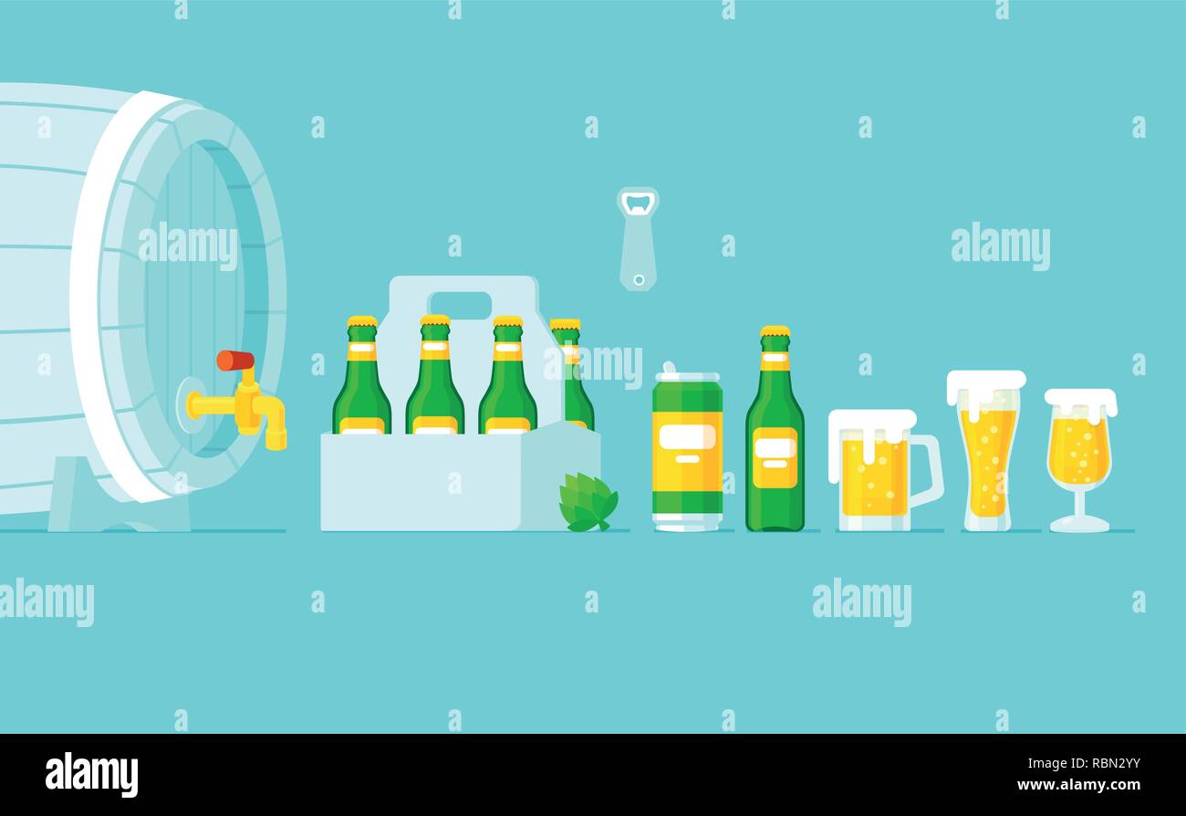 Vector of different type of beer glass, bottle and can types. Craft beer design and minimal flat design. Stock Vector