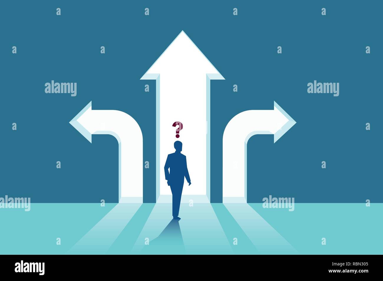 Business decisions concept. Vector of a perplexed businessman with question mark standing in front of arrows crossroads making a right choice. Career  Stock Vector