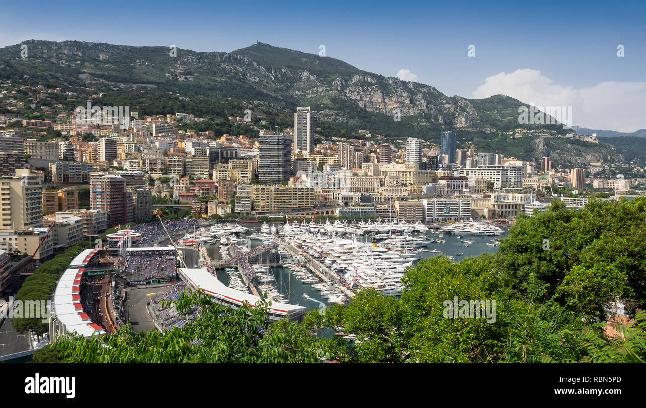 MONTE CARLO, MONACO: MAY 26, 2018: Panorama view of Monaco, Harbour and ...