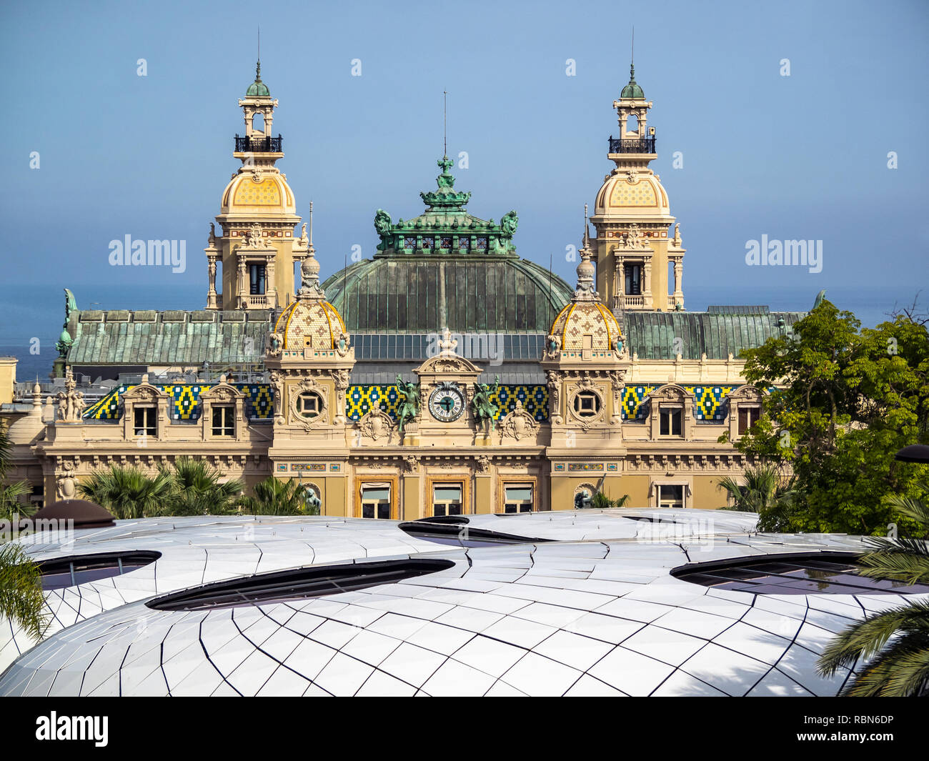 Monte Carlo Monaco The Casino Seen Above The Roof Of The Les Pavilions Shopping Centre Stock Photo Alamy