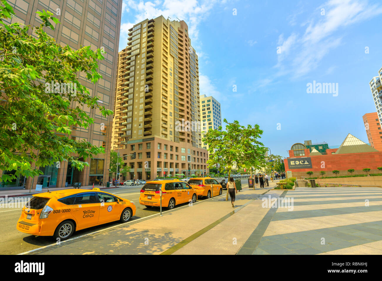 Los Angeles, California, United States - August 9, 2018: row of taxis on Grand Avenue in downtown Los Angeles, next to MOCA, the Museum of Contemporar Stock Photo