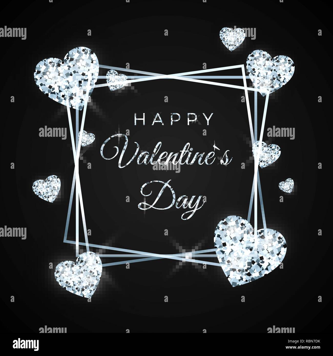Happy Valentines day vector greeting card. Diamond heart and text on black background.  Concept for Valentines banner. Vector illustration Stock Vector