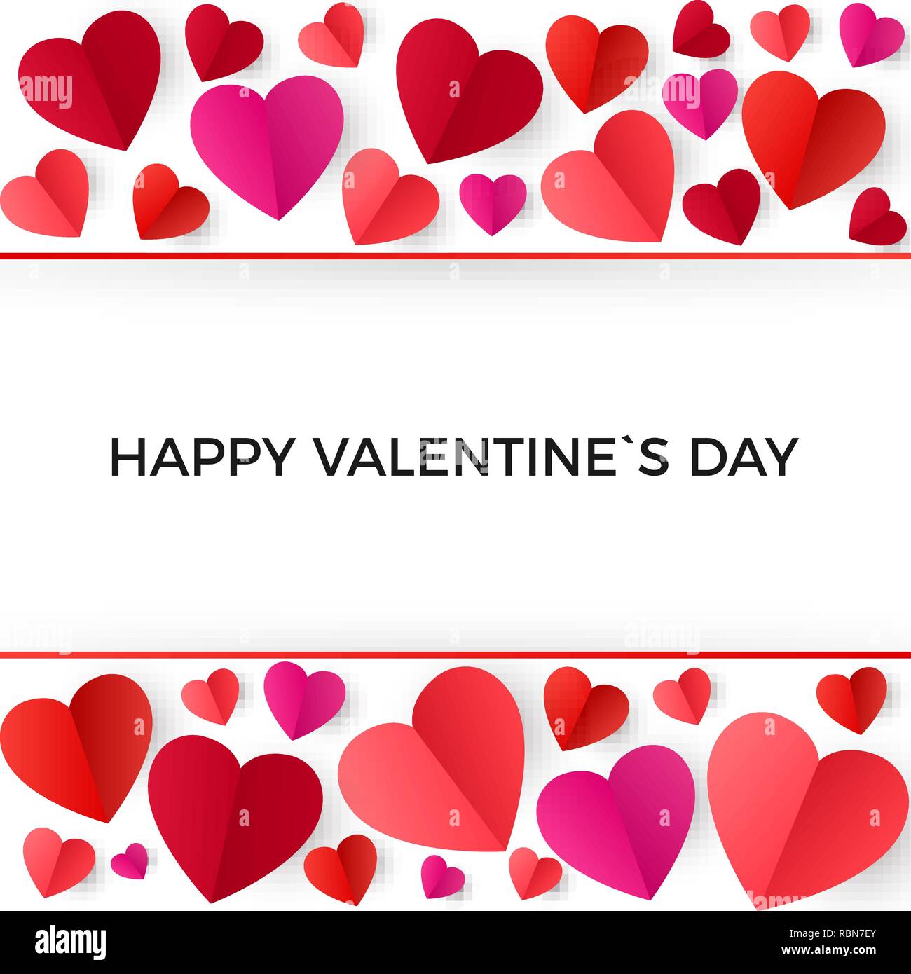 Colorful red paper hearts. Happy Valentines Day greeting Card. Vector ...