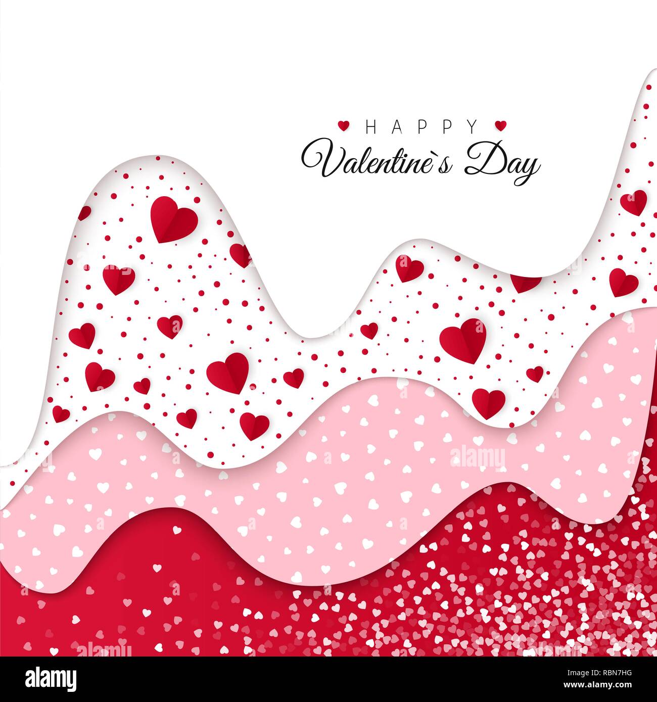 Happy Valentines Day greeting card. Red Wavy Layers Decorated White ...