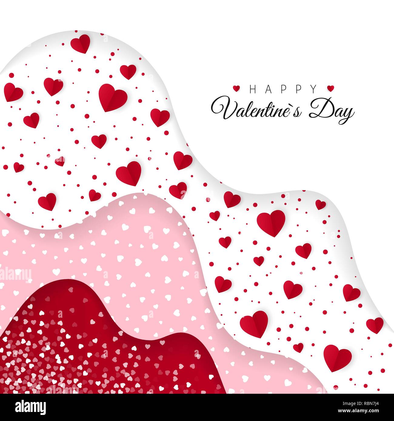 Happy Valentines Day greeting card. Red Layers with different Decorative Elements.  Romantic Weeding Design. Background with Ornaments and Hearts. Vec Stock Vector