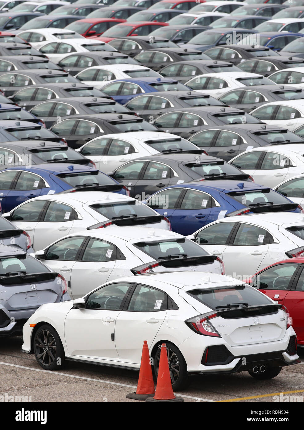 Honda Cars Lined Up At Southampton Docks Prior To Being Loaded Onto