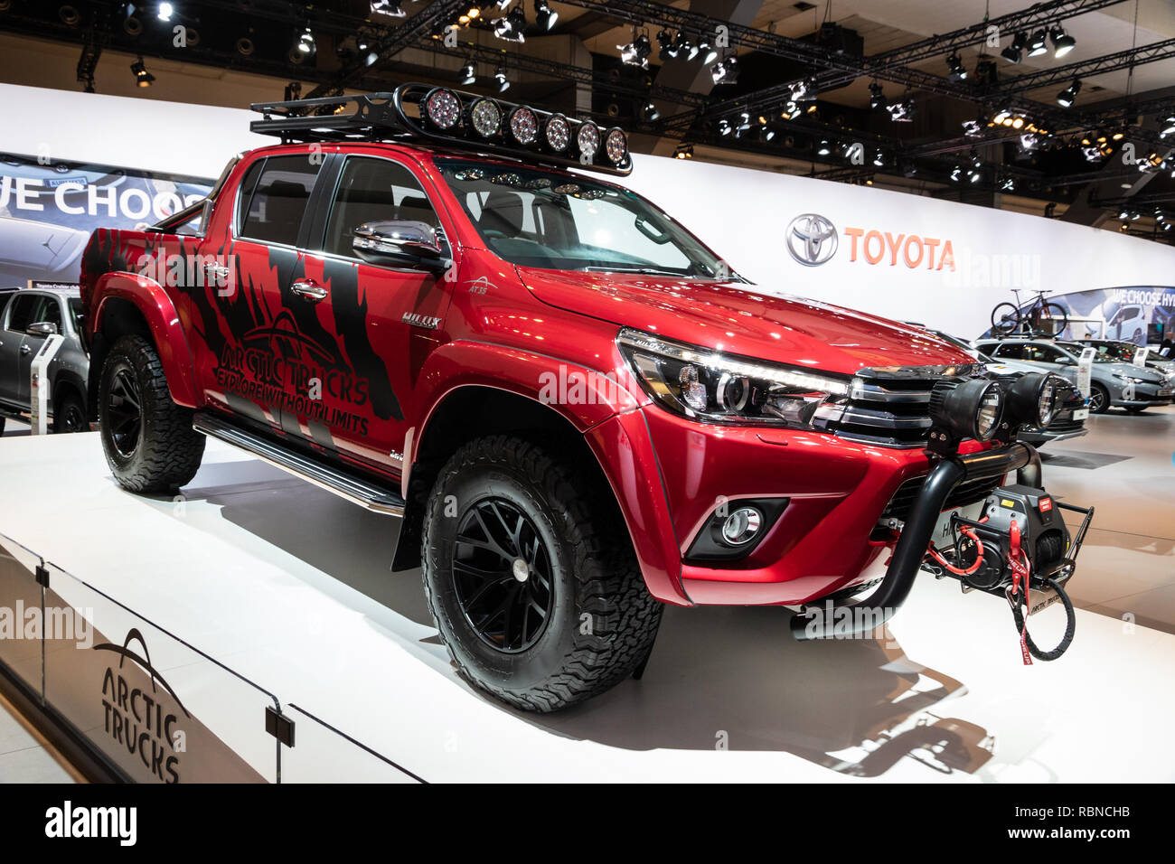 BRUSSELS - JAN 10, 2018: Toyota Hilux pick-up truck showcased at the Brussels Expo Autosalon motor show. Stock Photo