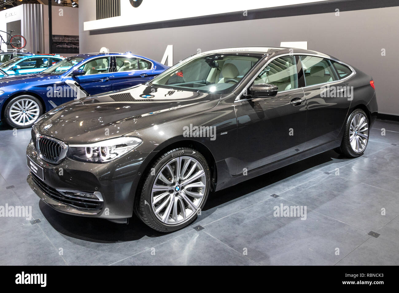 BRUSSELS - JAN 10, 2018: BMW 6 Series Gran Turismo luxury car showcased at the Brussels Expo Autosalon motor show. Stock Photo