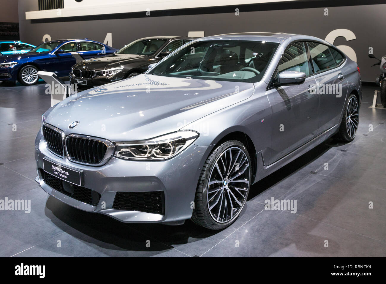 BRUSSELS - JAN 10, 2018: BMW 6 Series Gran Turismo luxury car showcased at the Brussels Expo Autosalon motor show. Stock Photo
