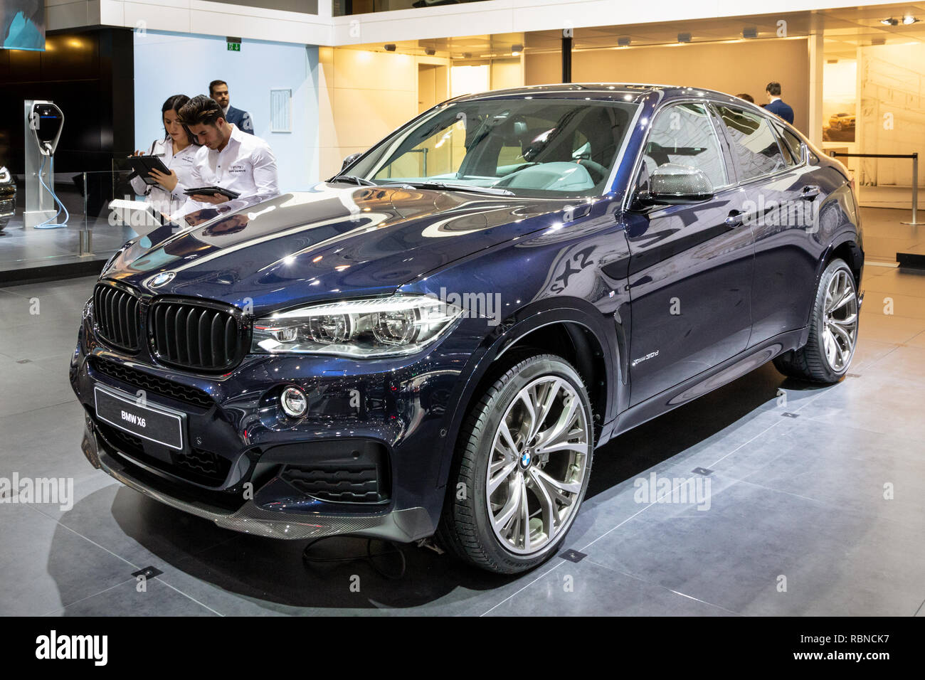 BRUSSELS - JAN 10, 2018: BMW X6 mid-size luxury crossover SUV car showcased at the Brussels Expo Autosalon motor show. Stock Photo