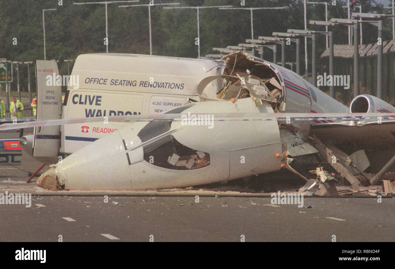 The executive jet that crashed on landing at RAF Northolt, north-west London and careened on to the dual carriageway of the A40 and collided with a van. Stock Photo
