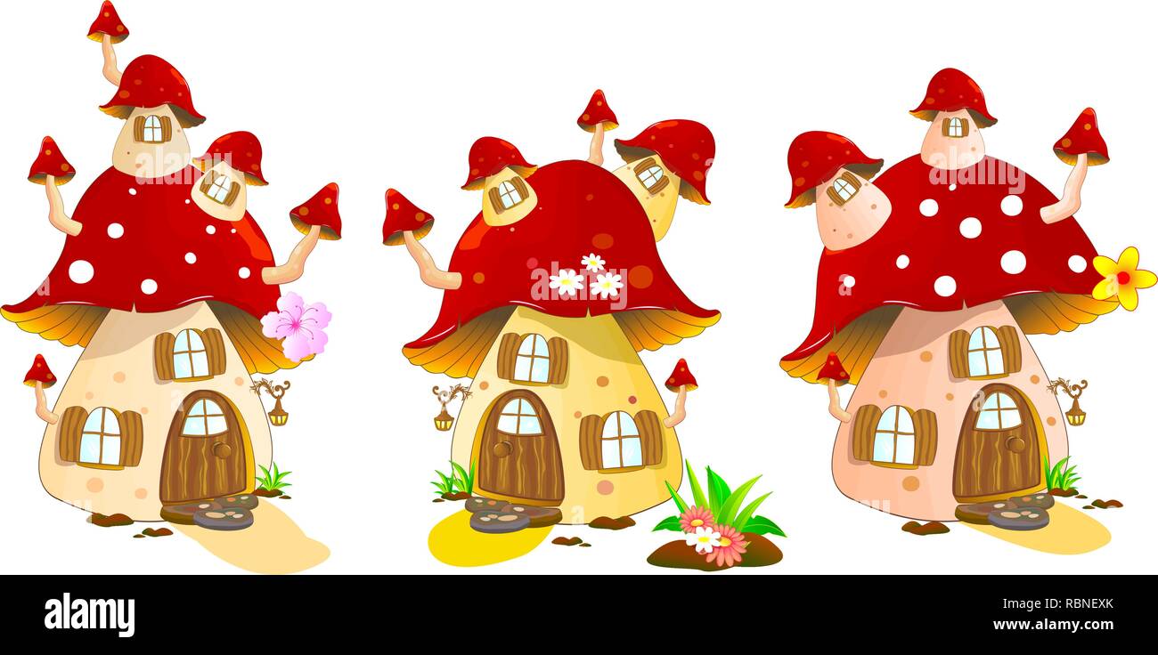 Cartoon mushrooms houses on a white background. Mushroom house red colors. Stock Vector