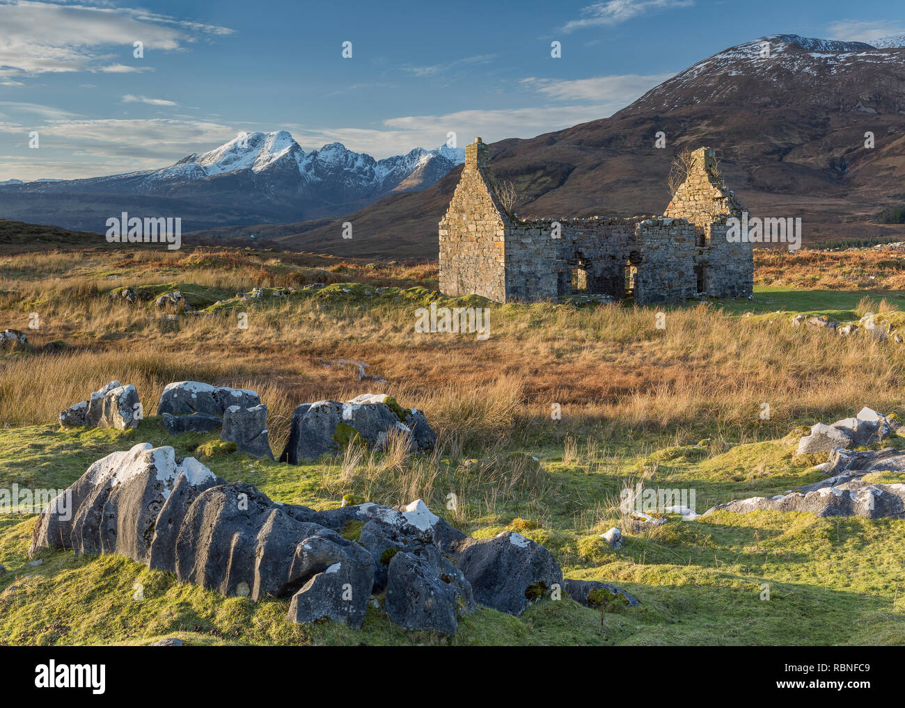 Bla Bheinn and the the Old Manse near Loch Cill Chriosd, Isle of Skye, Scotland Stock Photo