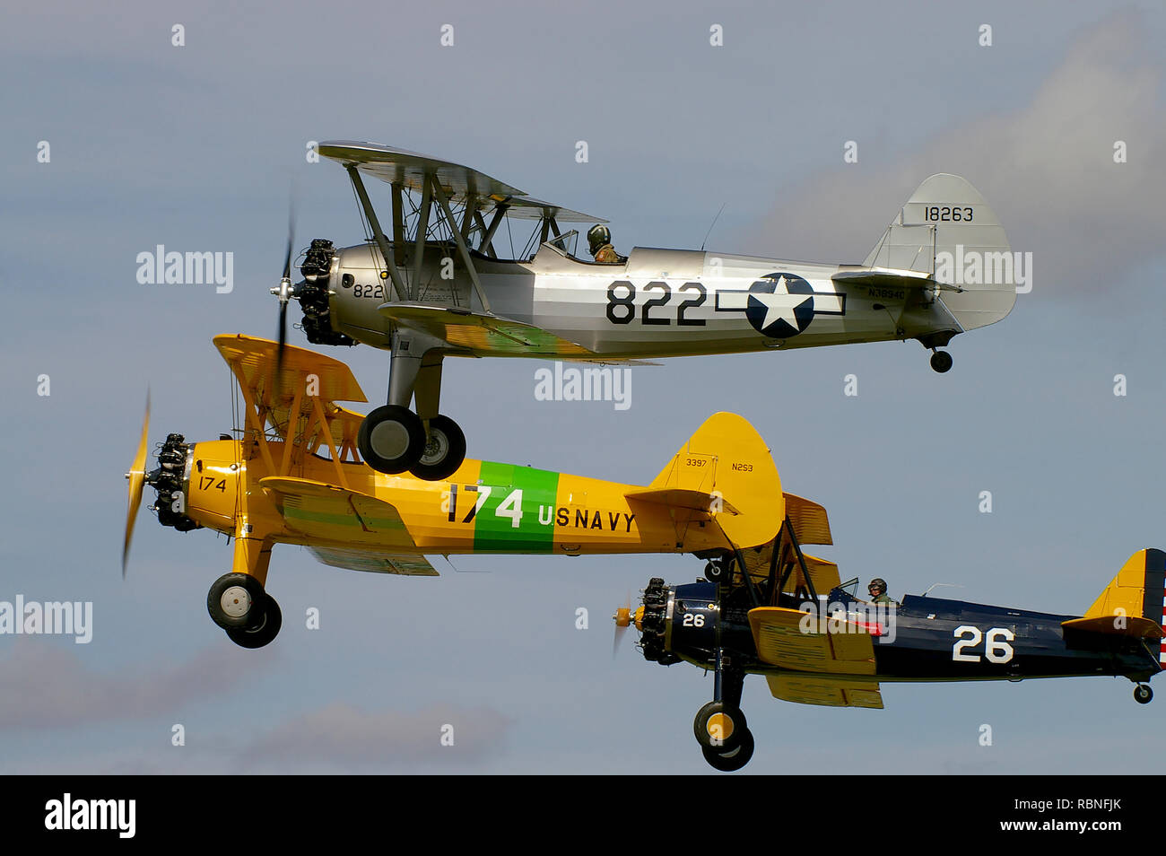Three Boeing Stearman, Boeing PT-17 Kaydet biplanes flying in formation. Biplane training planes. Second World War biplanes. Flying at an air show Stock Photo