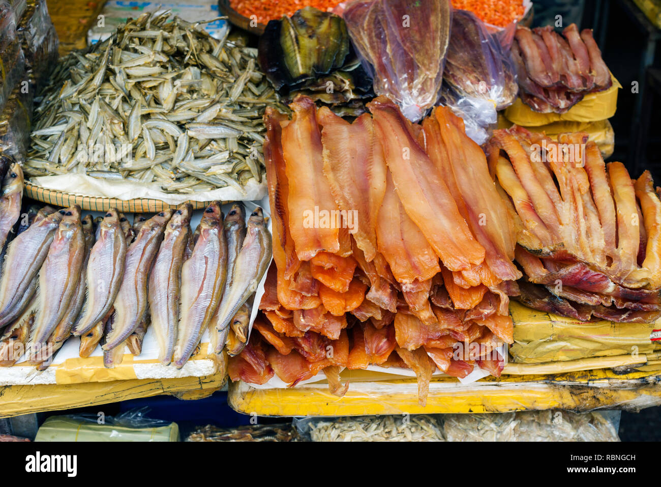 stand of dried fish in the Central Market in Phnom Penh, Cambodia Stock Photo