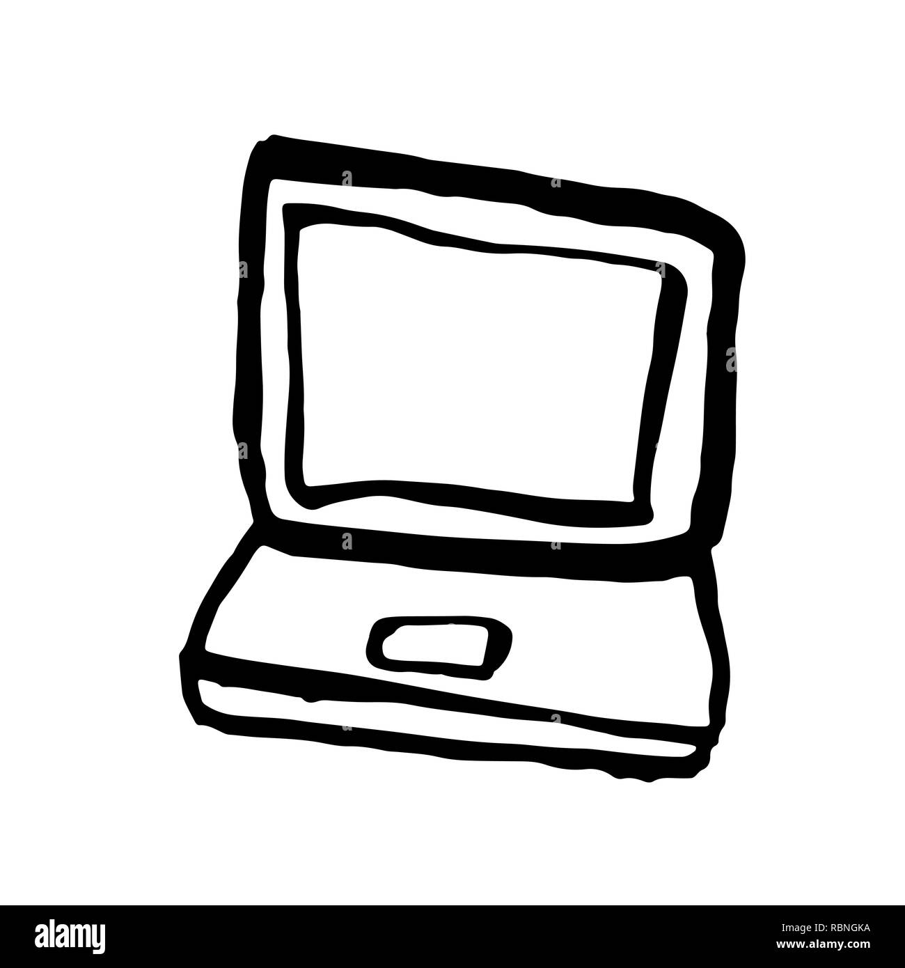 Laptop grunge icon. Handdrawn ink vector illustration. Stock Vector