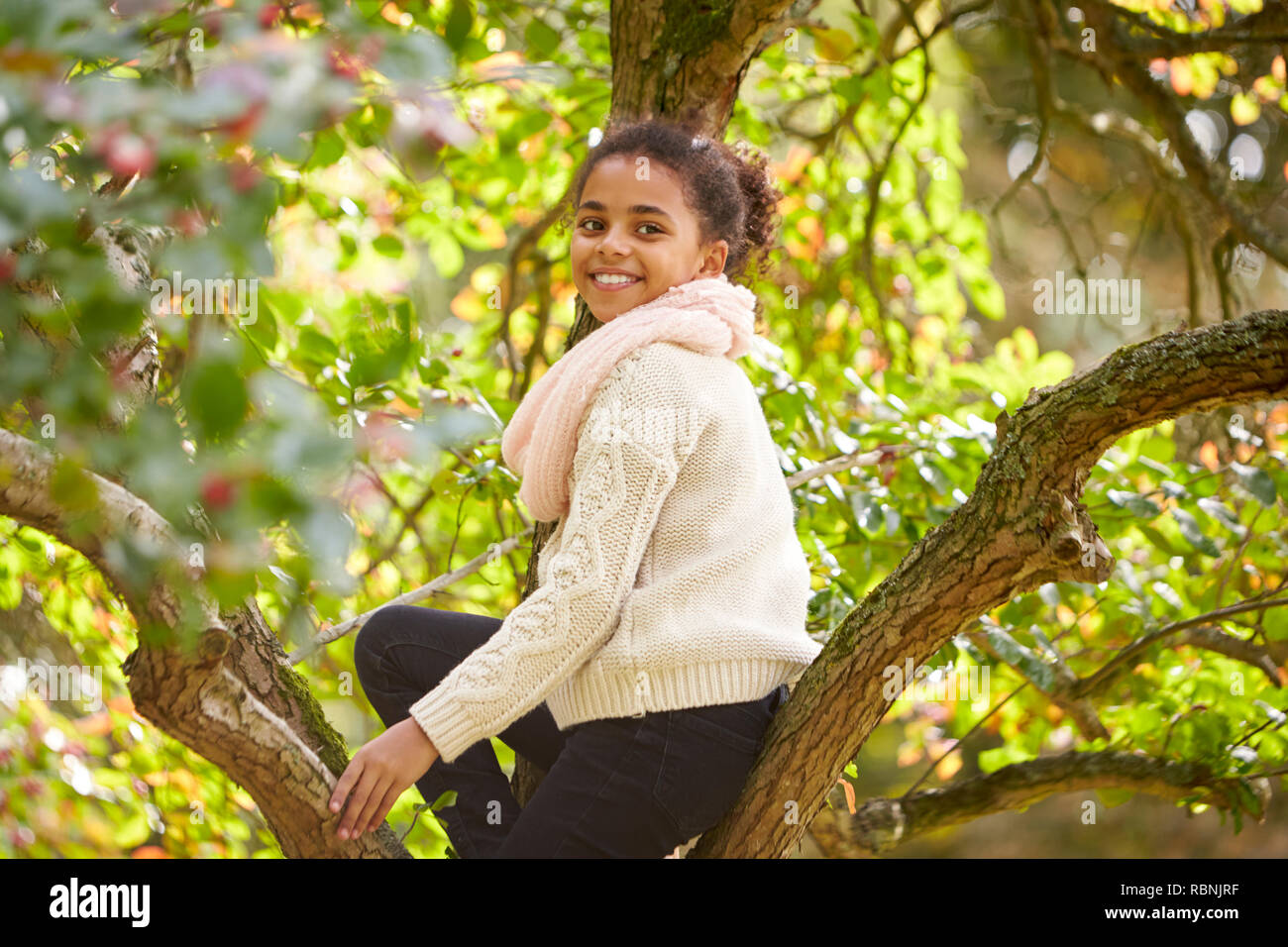 Young girl sitting in an Autumn tree, turning and smiling to camera, side view Stock Photo