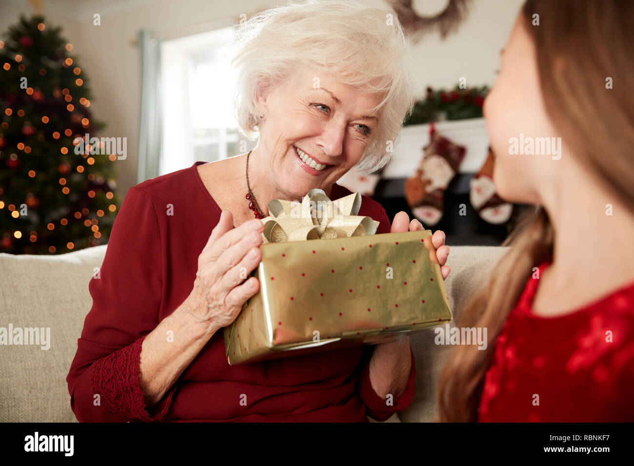 Excited Grandmother Receiving Christmas Gift From Granddaughter At Home Stock Photo