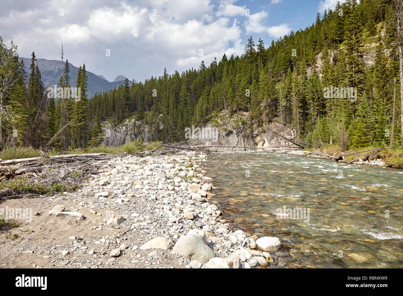 River Running Through Wooded Valley Between Mountains In Alaska Stock Photo