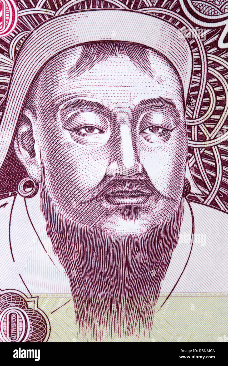 Genghis Khan portrait from Mongolian money Stock Photo