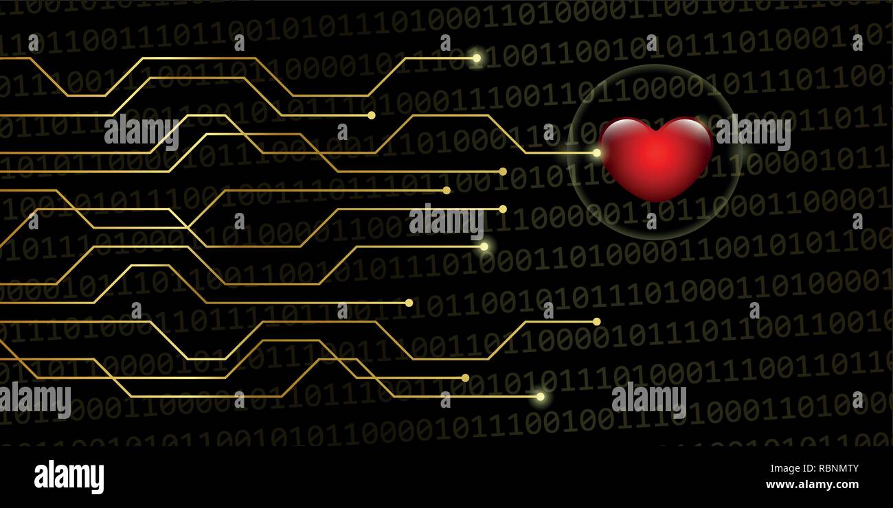 digital heart on golden binary code background online dating concept vector illustration EPS10 Stock Vector