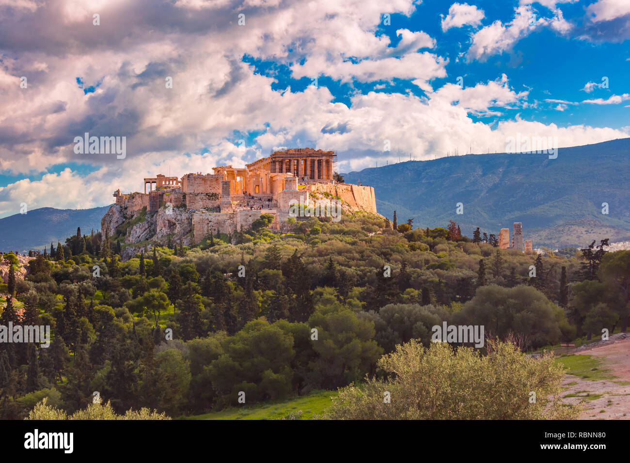 Acropolis Hill and Parthenon in Athens, Greece Stock Photo