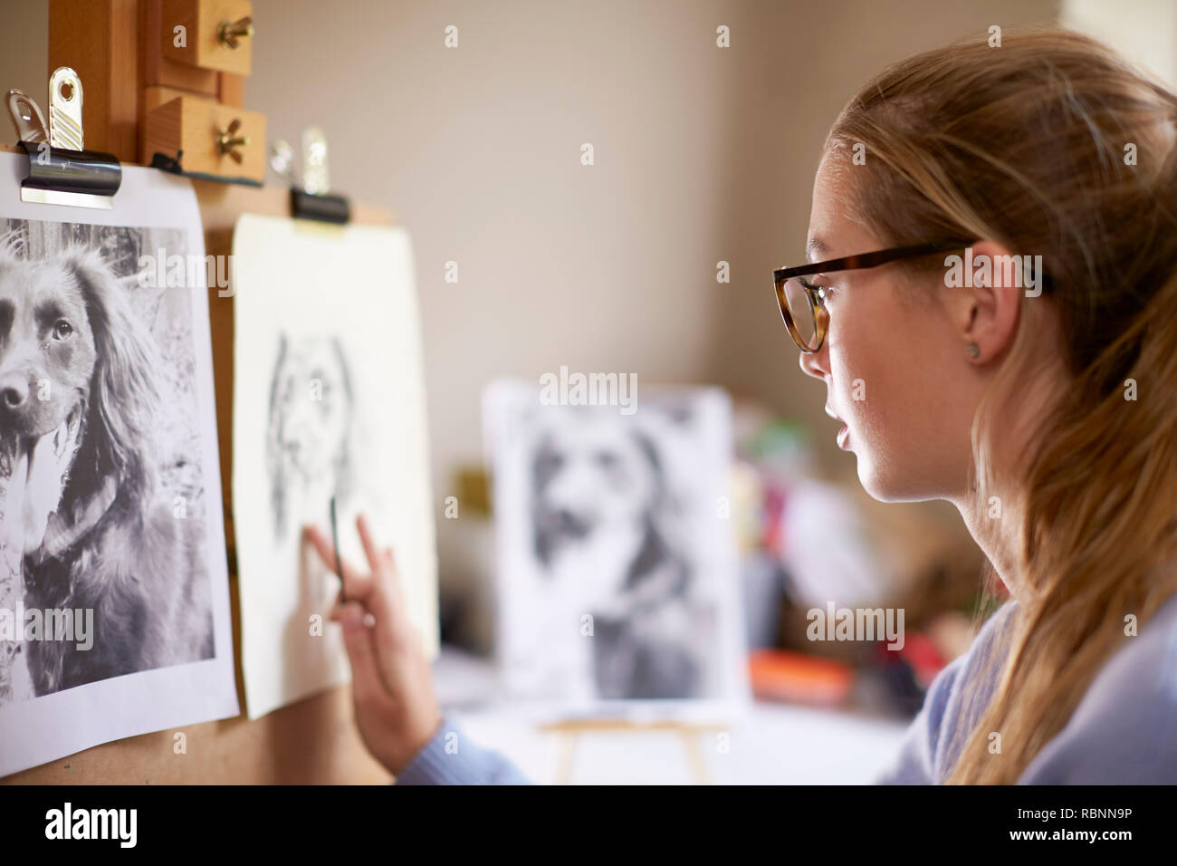 Side View Of Female Teenage Artist Sitting At Easel Drawing Picture Of Dog From Photograph In Charcoal Stock Photo