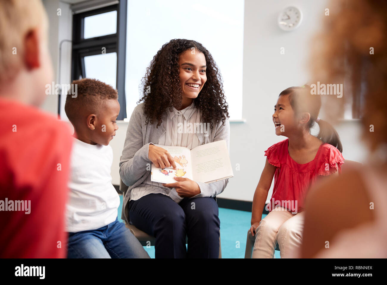 Young female teacher showing a picture in a book to children in an infant school class sitting on chairs in the classroom, over shoulder view Stock Photo