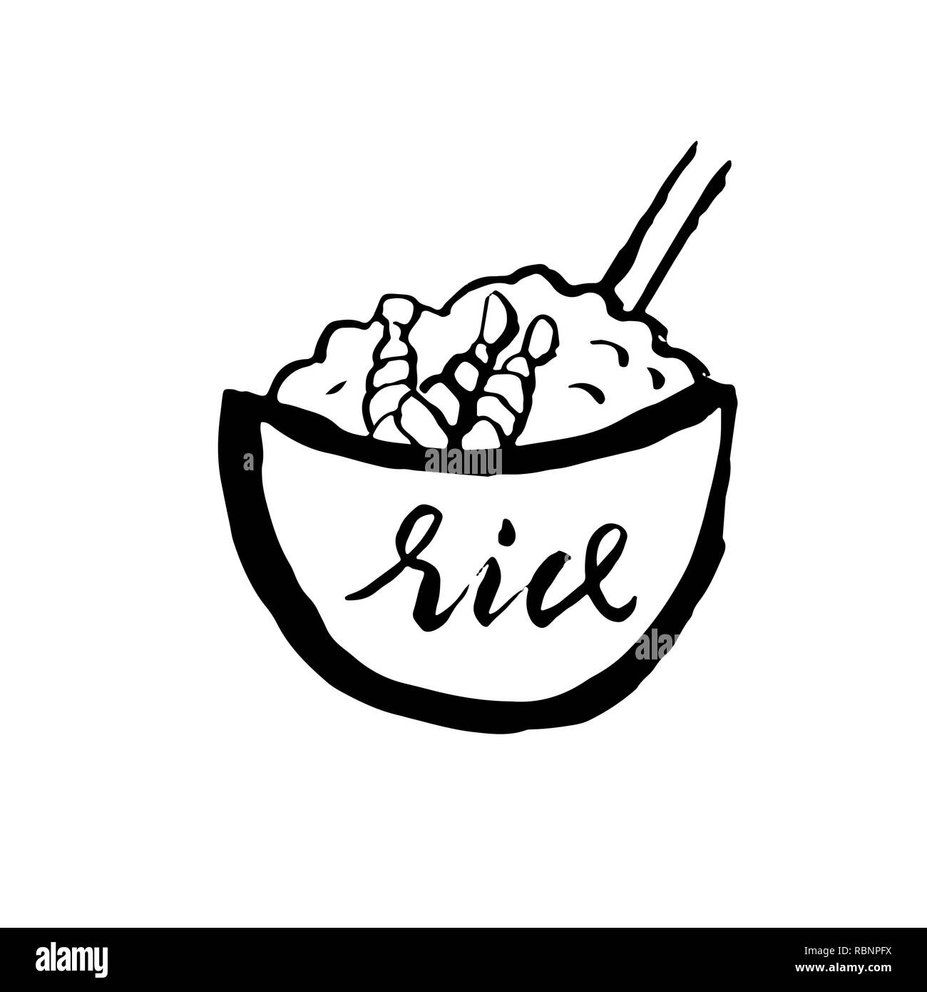 Rice with prawn icon. Grunge ink brush vector illustration. Food flat illustration. Stock Vector