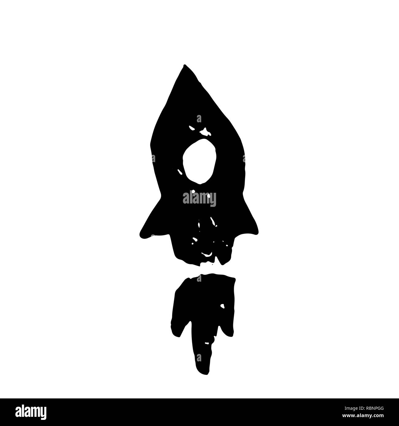 Grunge rocket ship with fire. Flying space rocket vector illustration. Stock Vector