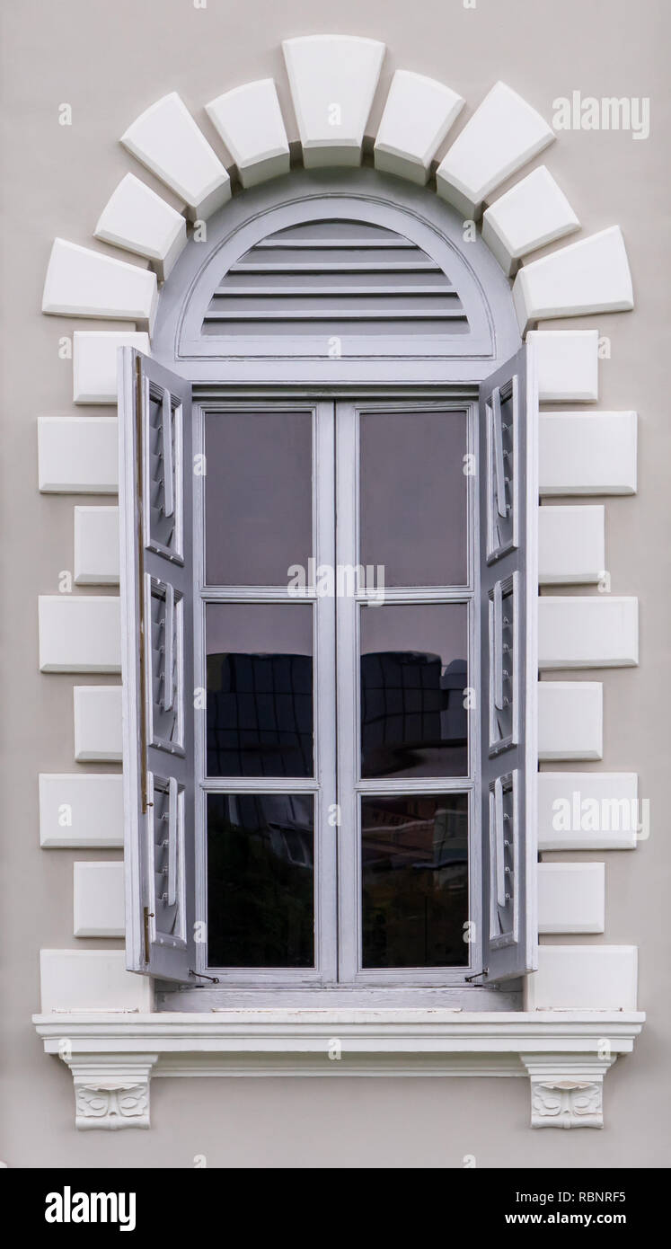 Gray vintage wooden windows with white border Stock Photo Alamy
