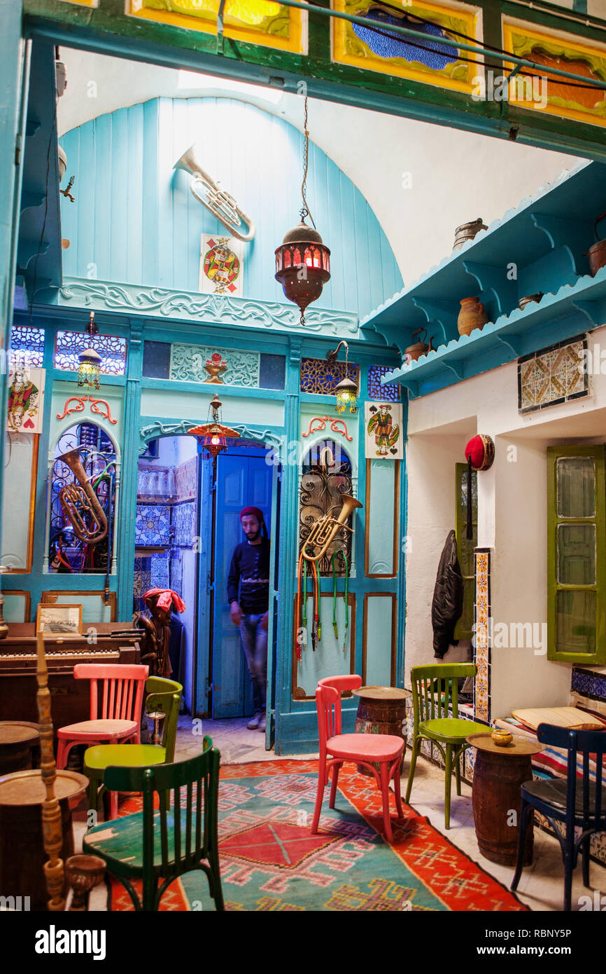 One of the many small, traditional and beautiful cafes in the medina of Tunis, which is Unesco's world heritage. Stock Photo