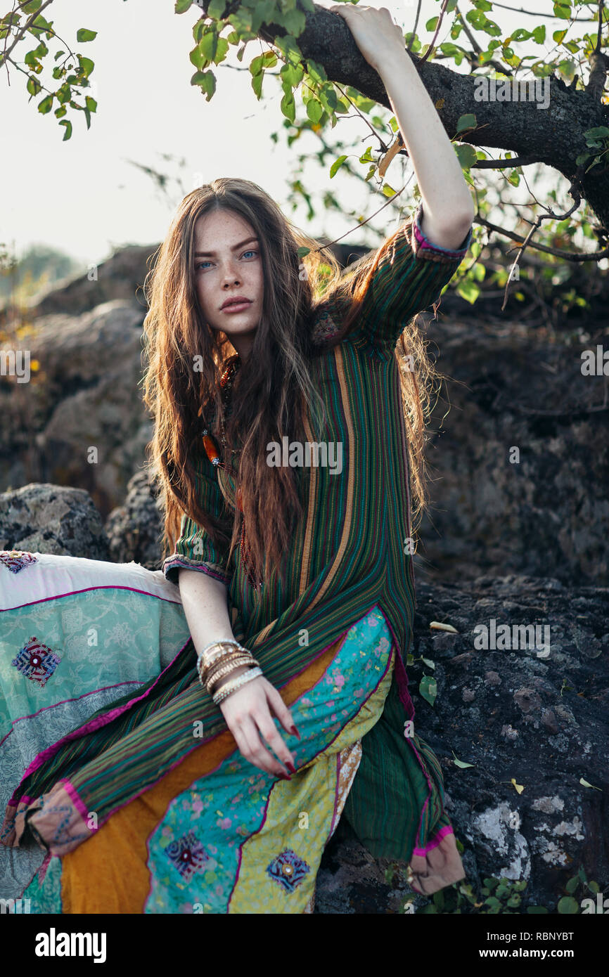 Pretty hippie girl portrait on nature. natural beauty Stock Photo