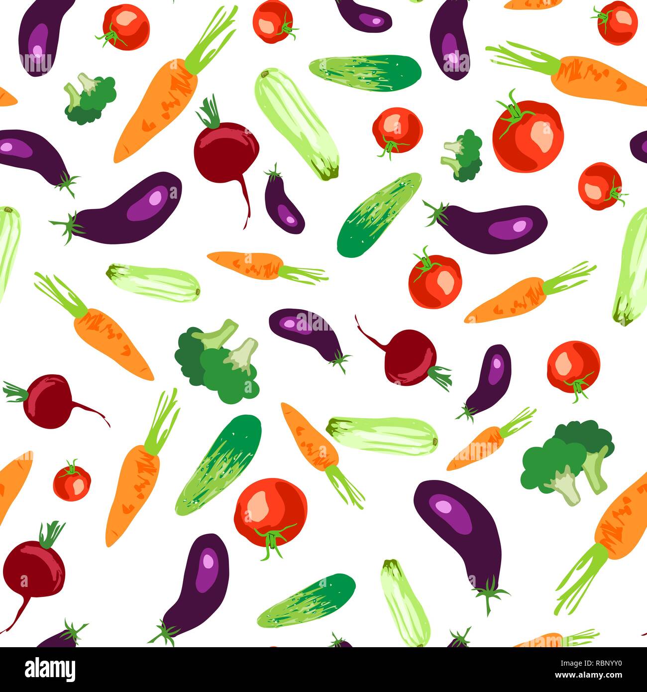 Seamless pattern with vegetables on a white background. Vegetables, beets, cucumber, tomato, eggplant, zucchini, cabbage, carrots for a healthy diet.  Stock Vector