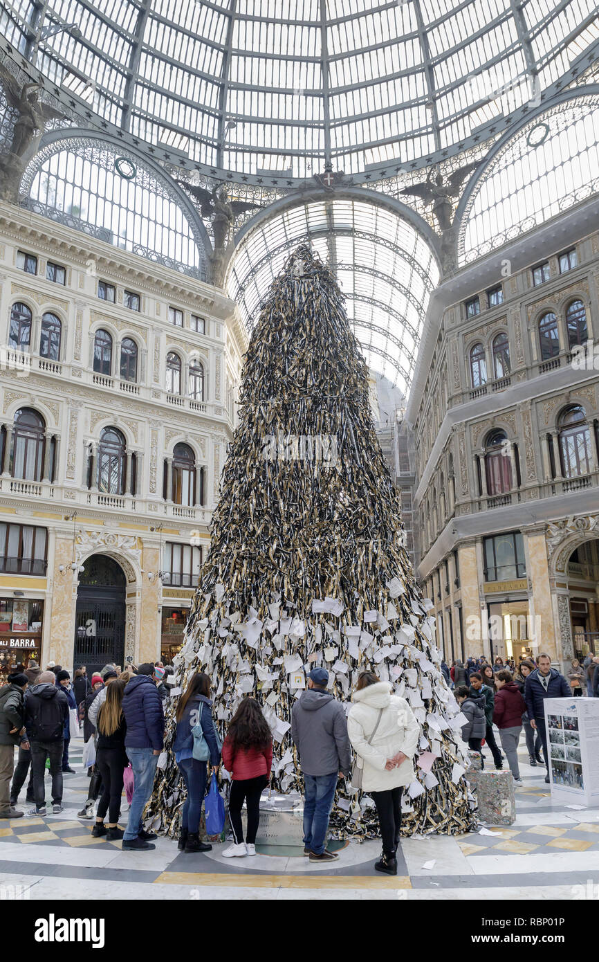 Naples, Italy - December 16, 2018: In the Umberto I Gallery the traditional Christmas tree is exhibited, where each person expresses their desires wit Stock Photo