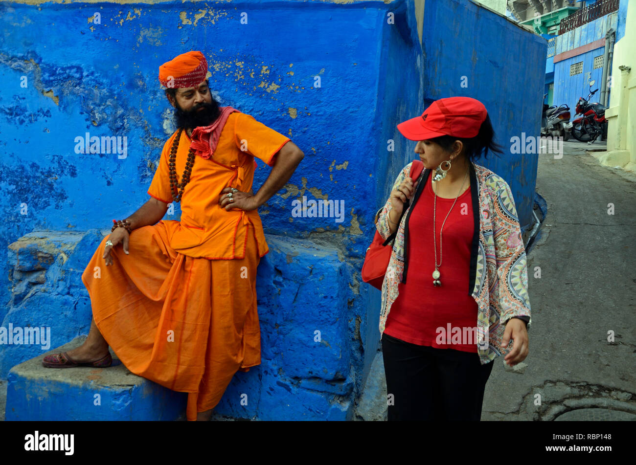 woman looking at old priest, Jodhpur, Rajasthan, India, Asia Stock Photo