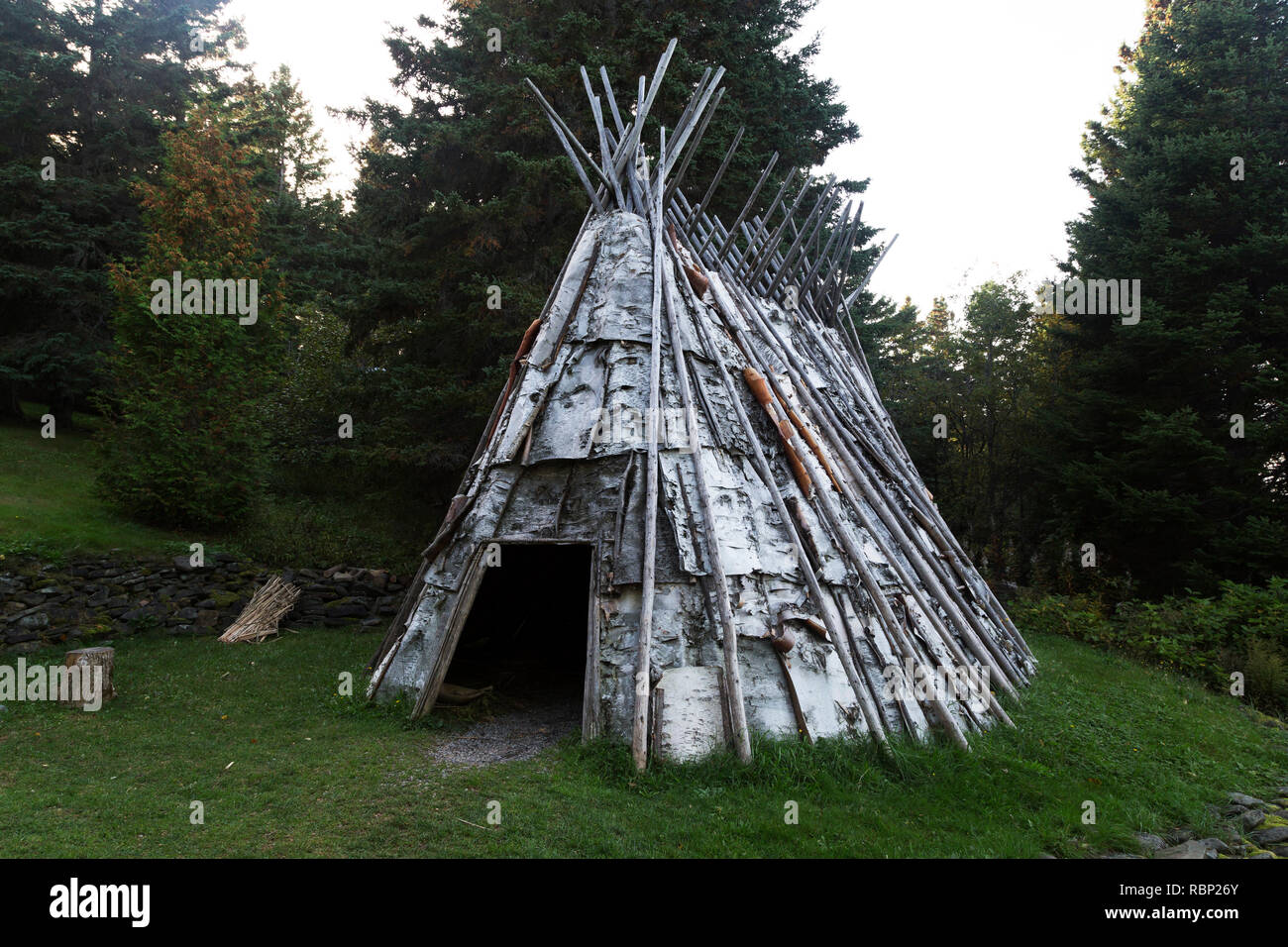 Traditionally created birch bark tipi at the Micmac Interpretation Site of Gespeg at Gaspé in Quebec, Canada. The Mi'gmaw (or Mi'kmaq) people were the Stock Photo