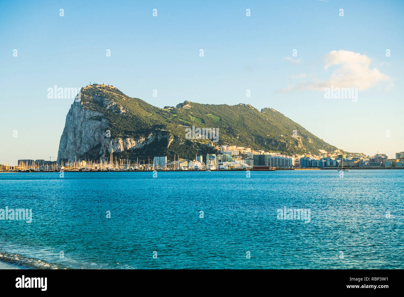 Gibraltar rock, Western face of the rock of Gibraltar from the Bay of Algeciras. The rock, British Overseas Territory, Gibraltar, Gib, UK. Stock Photo
