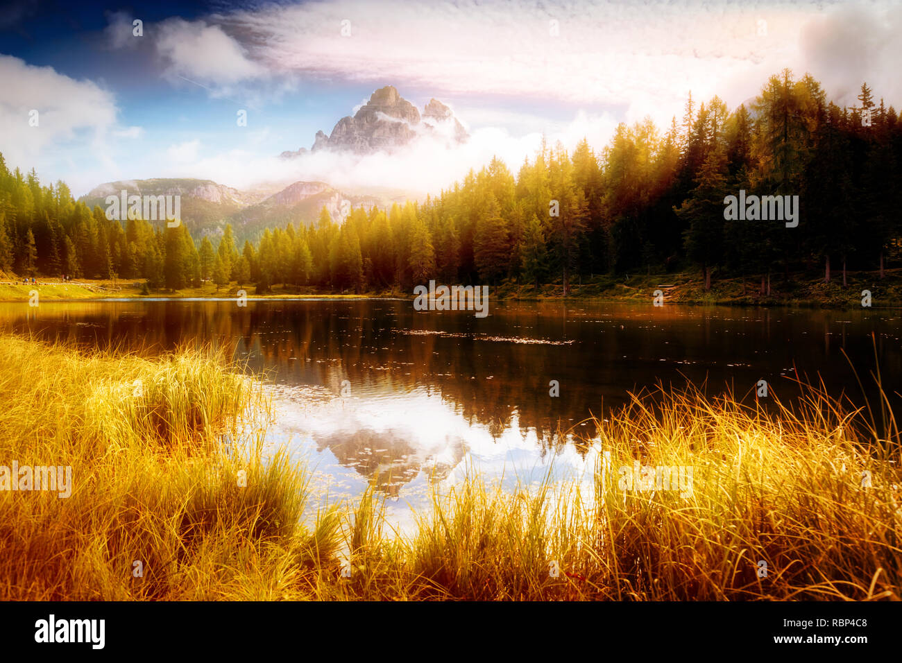 Scenic surroundings of the Antorno lake in National Park Tre Cime di ...