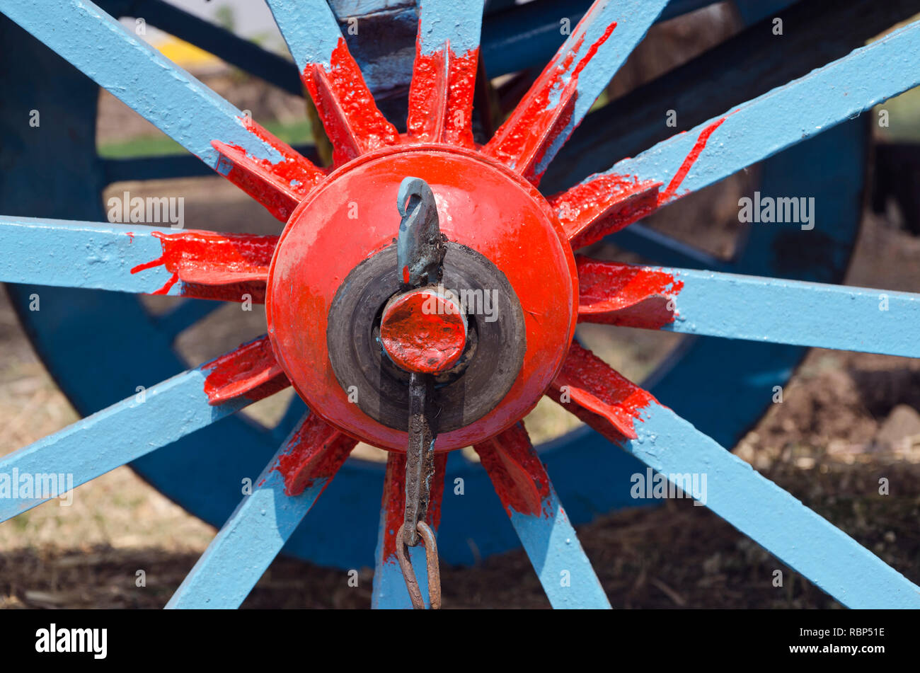 Bullock cart wheel spokes painted, pune, Maharashtra, India, Asia Stock