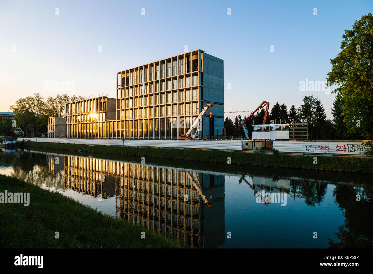 STRASBOURG, FRANCE - APR 21, 2017: Turkish Embassy in Strasbourg construction at sunset with sun reflected in window  Stock Photo