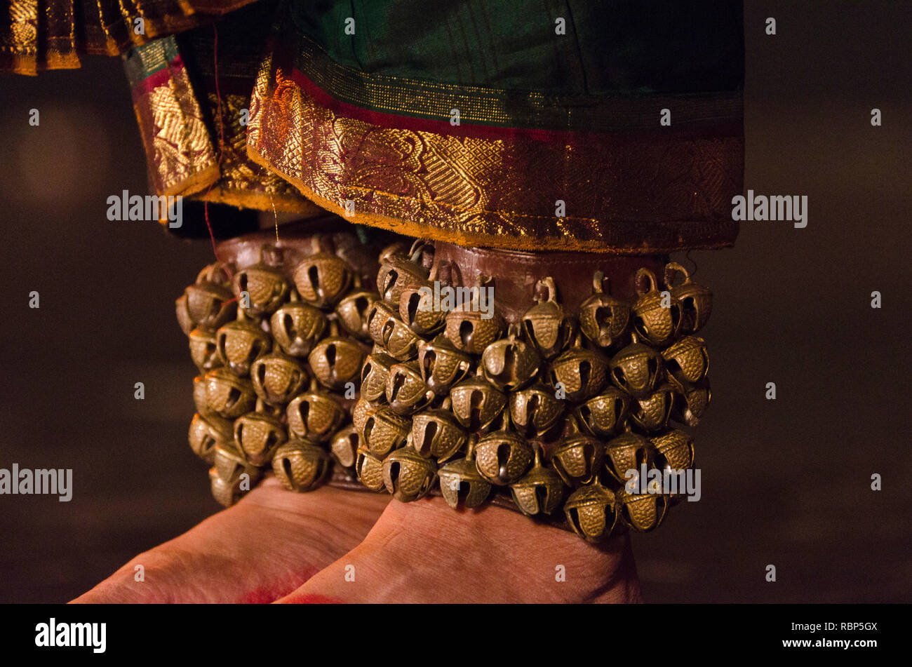 Brass ankle bells on dancer feet, Mumbai, Maharashtra, India, Asia Stock Photo