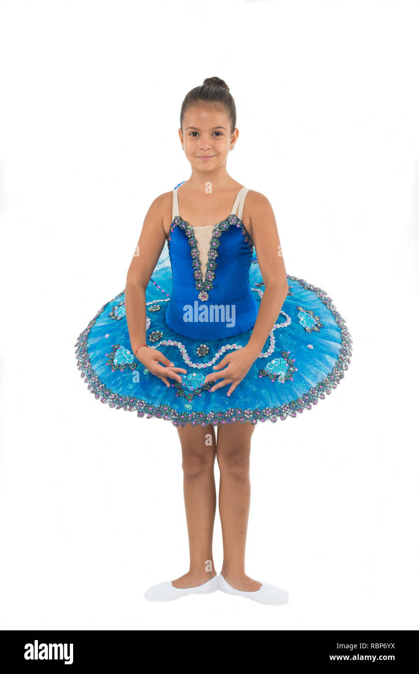 Little ballerina girl in blue tutu. Adorable child in classical ballet