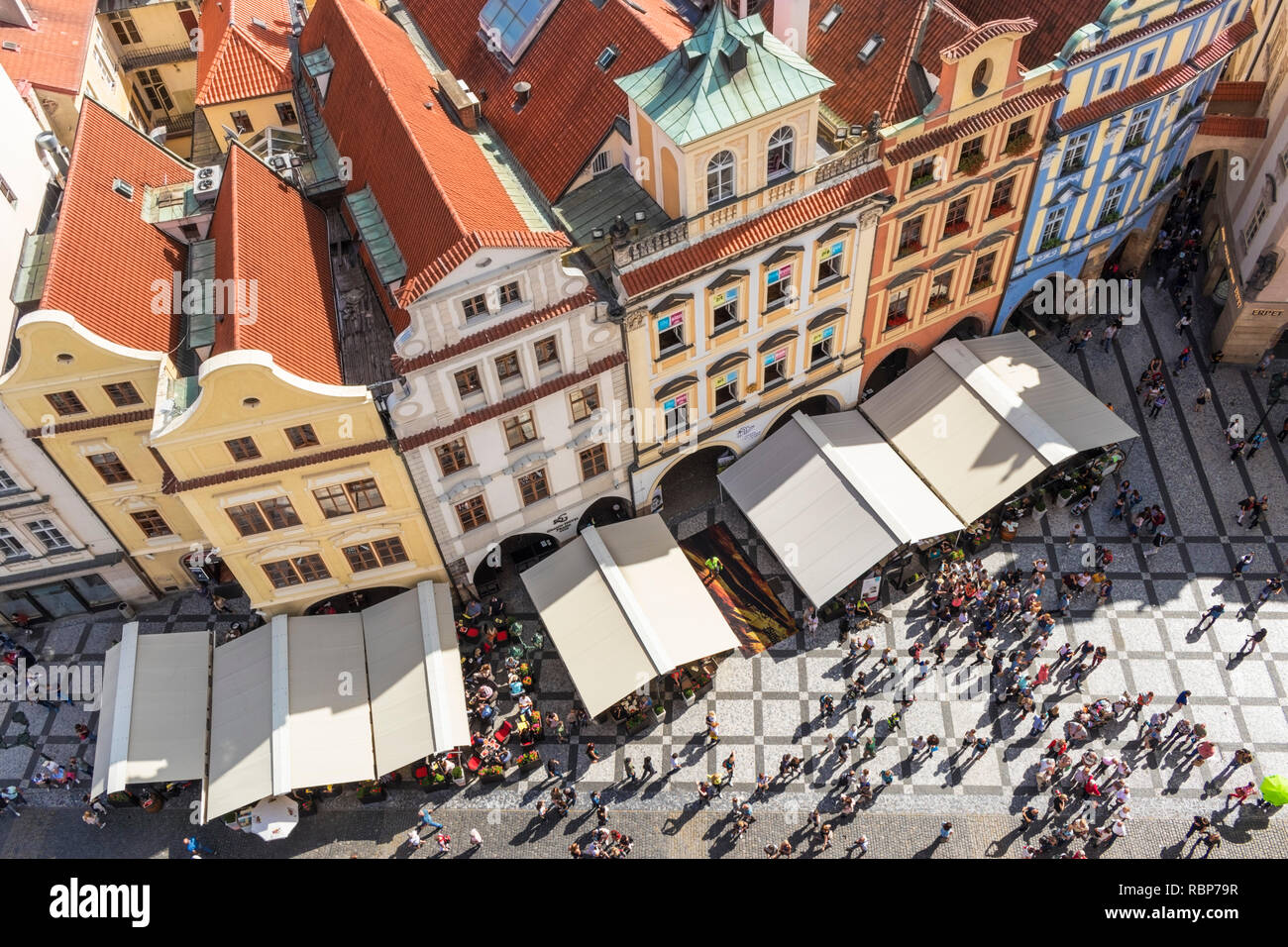 Prague old town square prague looking down on tourists in cafes and restaurants shopping in the staromestske namesti Prague Czech republic Europe Stock Photo
