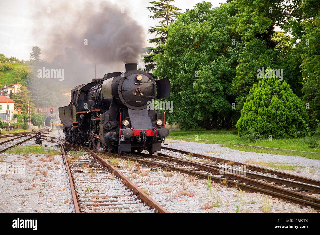 Old Steam train at the Railway Station of Nova Gorica, Slovenia Stock Photo