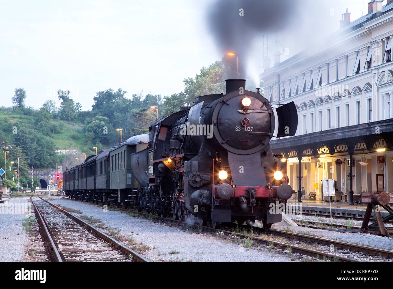 Old Steam train at the Railway Station of Nova Gorica, Slovenia Stock Photo