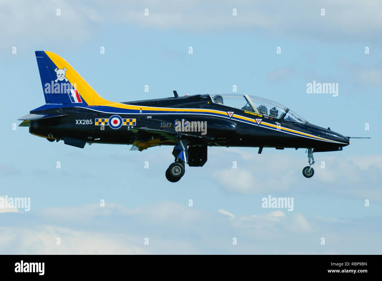 Royal Air Force, RAF British Aerospace BAe Hawk T1 jet plane trainer in special paint scheme. 90 years of 100 Squadron. Flying at RAF Waddington Stock Photo