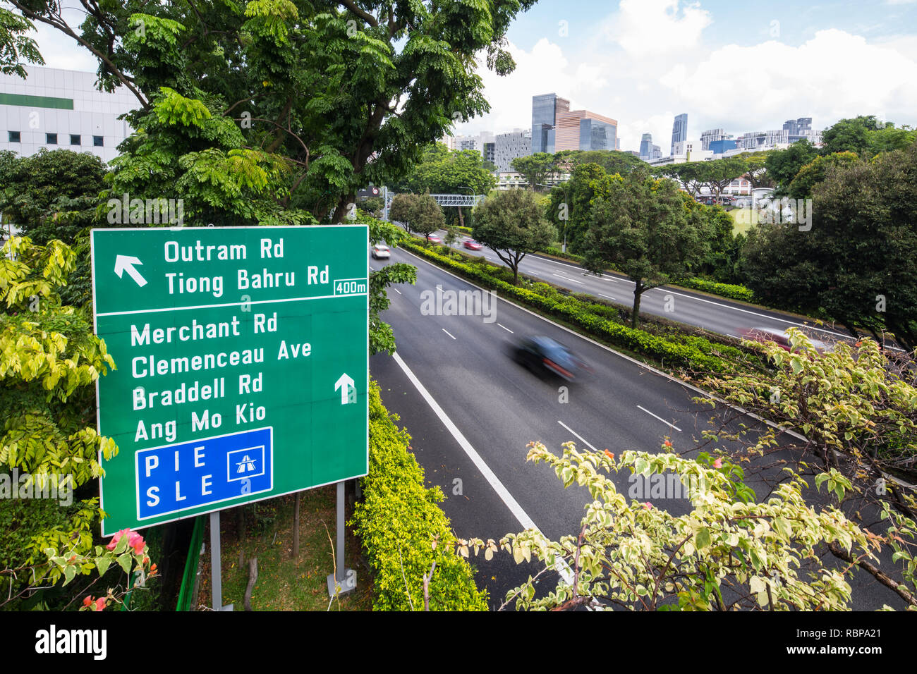 A huge road sign showing directions on the expressways in Singapore. Stock Photo