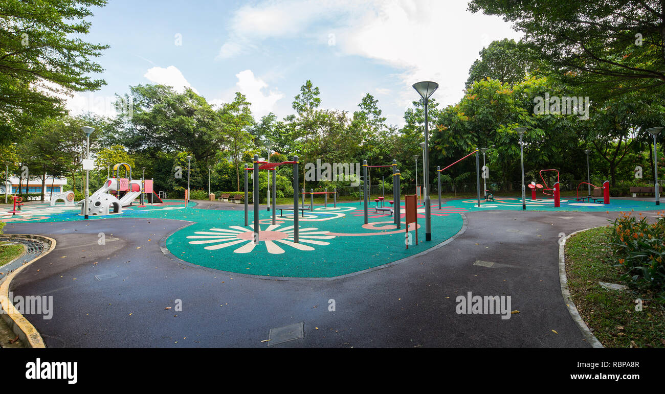 Ultra wide view of a local community playground or play space for children in Singapore Stock
