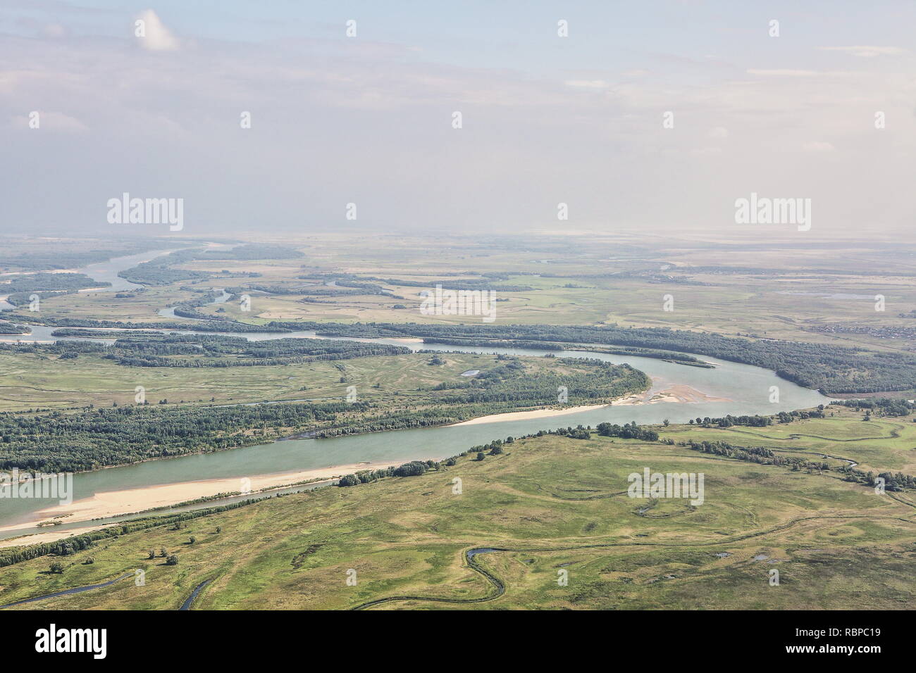 Aerial view of Irtysh river,(Ertis-Kaz,额尔齐斯河-Eerqisihe - Chinese), in  Kazakhstan, flows from south, enters Ob river, its waters end in Arctic, Russia Stock Photo